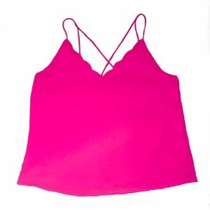 Bright hot pink scallop v neck naked zebra crisscross strap tank top blouse
